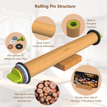 Aguegro Rolling Pin with Thickness Ring, Rolling Pin for Baking, Fondant, Pizza, Crust, Cookies, Pastry Dough Thickness, 13.6” Wooden Rolling Pin with 4 Multi-Color Thickness Rings and Wooden Base