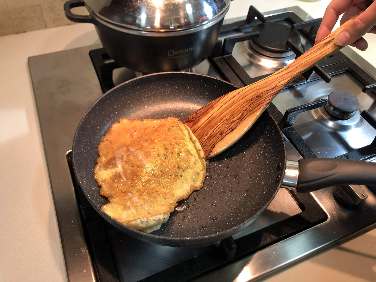 Handcrafted Olive Wood Cooking Spoon & Spatula (12 Inch Set of 2 Pieces) Carved by Talented Artists in Bethlehem, Practical Wooden Utensils Last for So Long, Resistant of Scratch