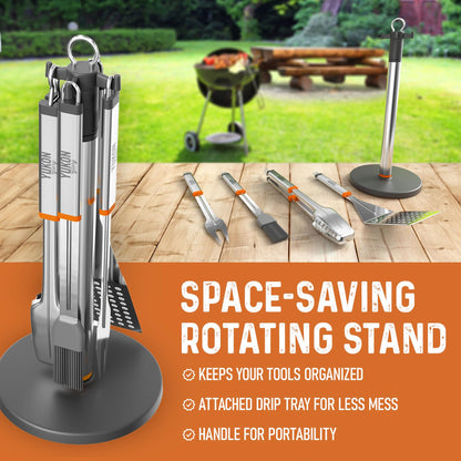 Stainless Steel BBQ Tool Set with Rotating Stand & Drip Pan | Grill Tool Kit Complete with Spatula, Tongs, Fork, Brush | Durable, Easy to Clean Grilling Kit | Essential BBQ Tools