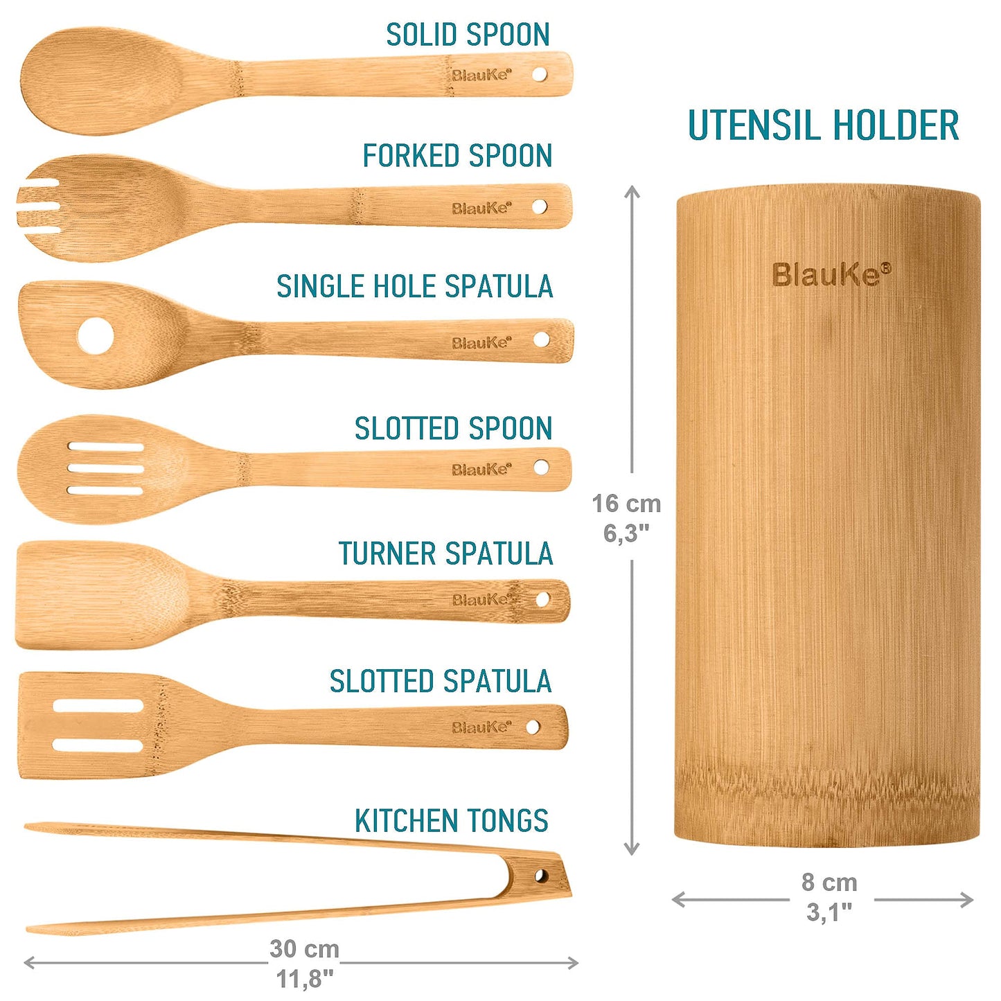 Wooden Spoons for Cooking 8-Pack – Bamboo Kitchen Utensils Set – Nonstick Wooden Cooking Utensils – Wood Spatula Spoon Tongs Utensil Holder – BlauKe®