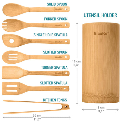 Wooden Spoons for Cooking 8-Pack – Bamboo Kitchen Utensils Set – Nonstick Wooden Cooking Utensils – Wood Spatula Spoon Tongs Utensil Holder – BlauKe®