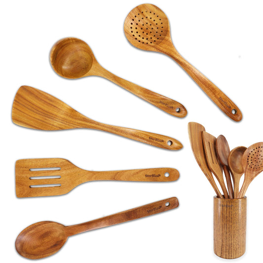 StarBlue Acacia Wooden Utensils Set 6 Pcs - Non-Scratching Durable Natural Wood Cooking Spatulas & Spoons for Nonstick Cookware with Holder