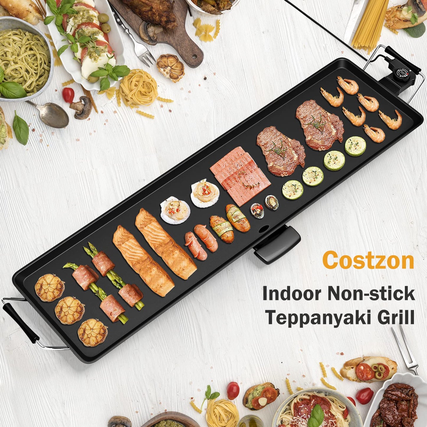 Costzon 35" Electric Griddle Teppanyaki Grill BBQ, Nonstick Extra Large Griddle Long Countertop Grill with Adjustable Temperature & Drip Tray, Indoor Outdoor Cooking Plates for Pancake Barbecue