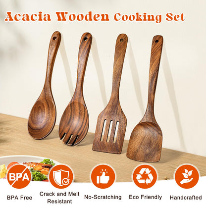 4Pcs Wooden Spoons for Cooking, Acacia Wood Kitchen Utensils Set for Nonstick Pans, Smooth Finish Cooking Utensils with Long Handle, Wooden Spatula for Cooking, Mixing, Baking