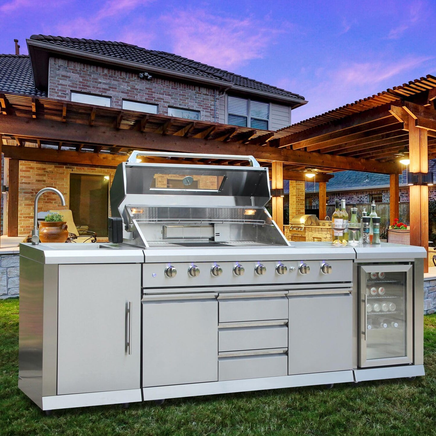 CT Copper Tailor 6-Burner Outdoor Kitchen BBQ Gas Grill Island with Infrared Rear Burner,Side Burner,Storage Cabinets & Drawers,Sink,Cooler,Stainless Steel (with Natural Gas Kit)