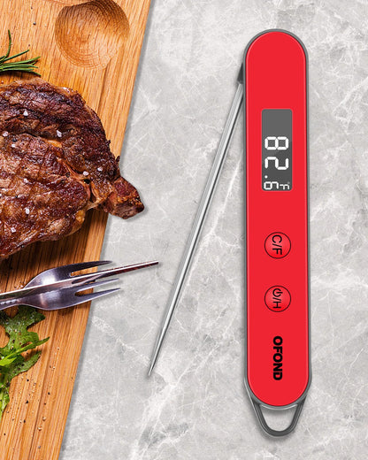 OFOND Meat Thermometer for Grill and Cooking, Instant Read Food Thermometer with LCD Backlight, Foldable Digital Probe, Steak Kitchen Thermometer for BBQ Oven Smoker, Store by Magnet & Hook (Red)