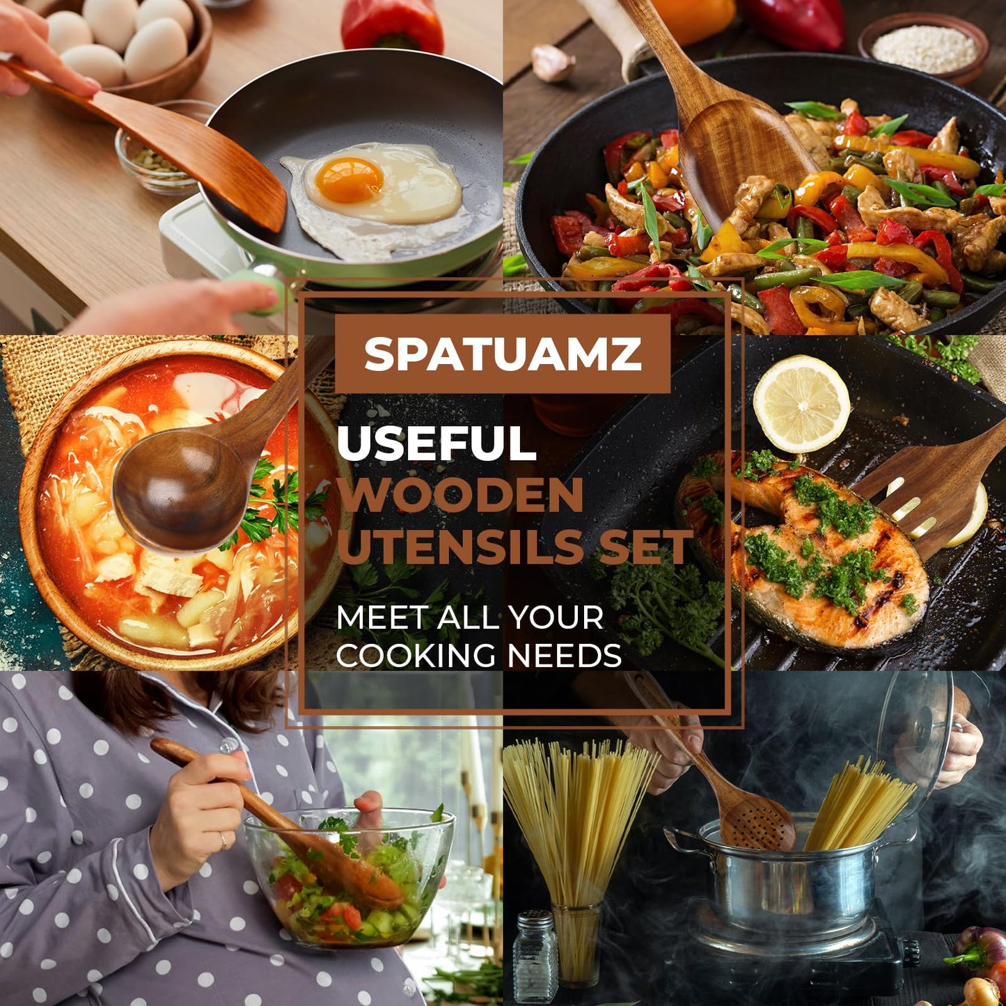 SPATUAMZ Wooden Cooking Spoons, Ladle and Spatula, Fine Polished Teak Wood Cooking Utensils Set of 6, Nonstick Wooden Kitchen Spoon & Spatula Set