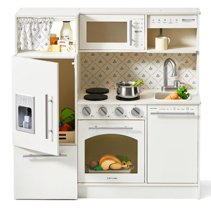 Tiny Land Play Kitchen for Kids, Upgraded Wooden Kitchen Toy with Complete Play Areas, Pretend Cooking Set with Sink, Stove, Microwave, Toy Coffee Station & Storage for Kids Ages 3+