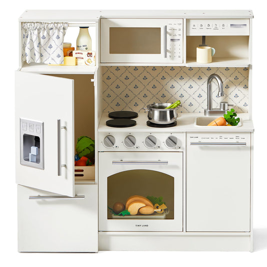 Tiny Land Play Kitchen for Kids, Upgraded Wooden Kitchen Toy with Complete Play Areas, Pretend Cooking Set with Sink, Stove, Microwave, Toy Coffee Station & Storage for Kids Ages 3+