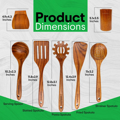 Wooden Kitchen Utensil Set - Teak Wood Cooking Utensil Sets Include Wooden Utensil Holder, Wooden Spatula, Spaghetti Spoon, Cleaning Brush & More - Durable Heat Resistant Wood Utensils Set for Cooking