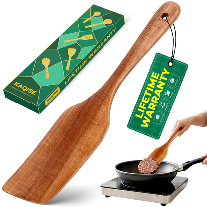 KAQISE Wooden Spatula for Cooking, Heat-Resistant Teak Wood Spatula/Turner, Kitchen Utensil with Smooth Finish,Non-Scratch Non-Stick Pans, Long Handle Handcrafted Scraper Spurtle for Flipping,Serving