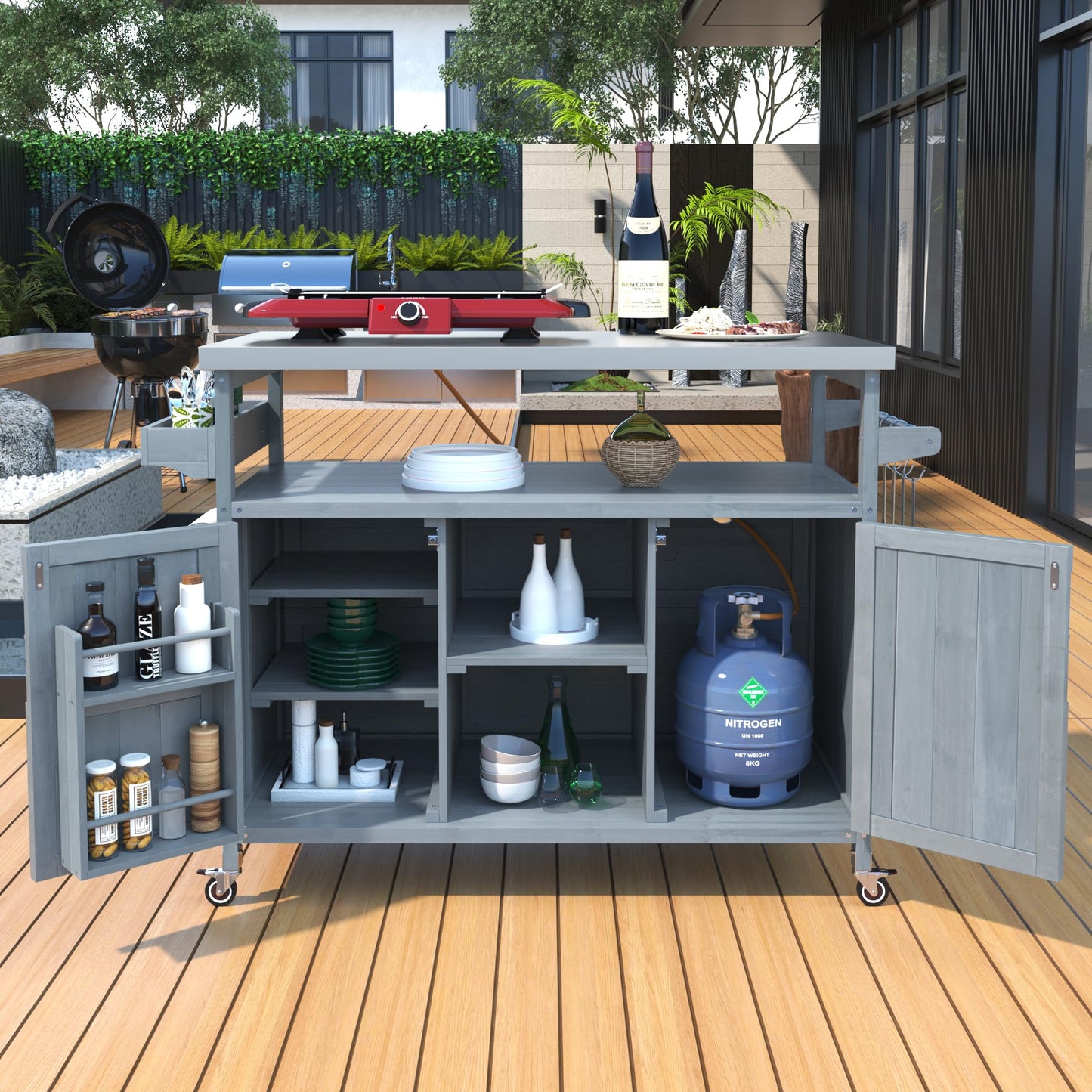 LZ LEISURE ZONE Outdoor Kitchen Island, Farmhouse Rolling Mobile Kitchen Island with Storage, Solid Wood Outdoor Grill Cart Table with Stainless Steel Top for Kitchen/Barbecue, Grey Blue