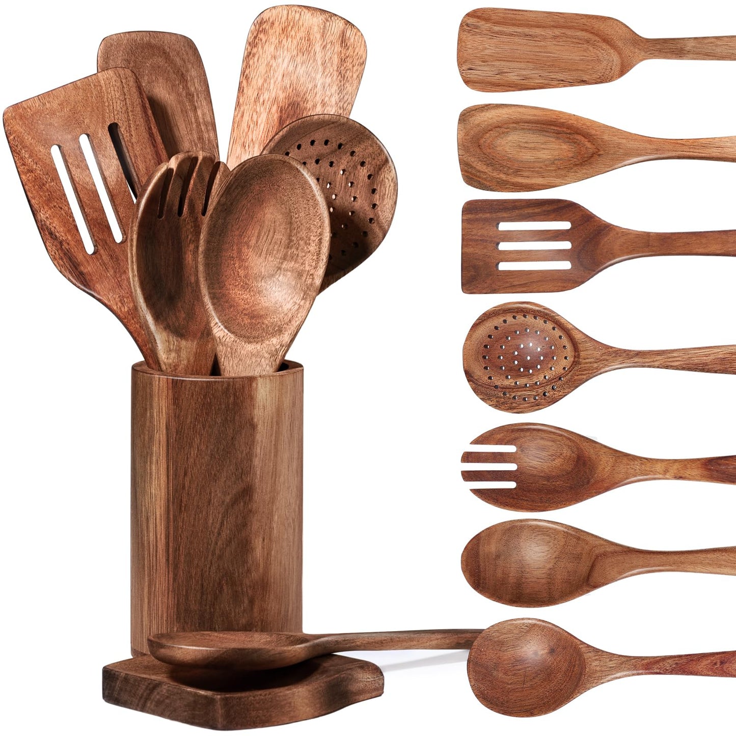 HAKSEN Wooden Spoons for Cooking, 9PCS Natural Wooden Kitchen Utensil with Spoon Rest, Comfort Grip Cooking Spoons and Utensils Holder