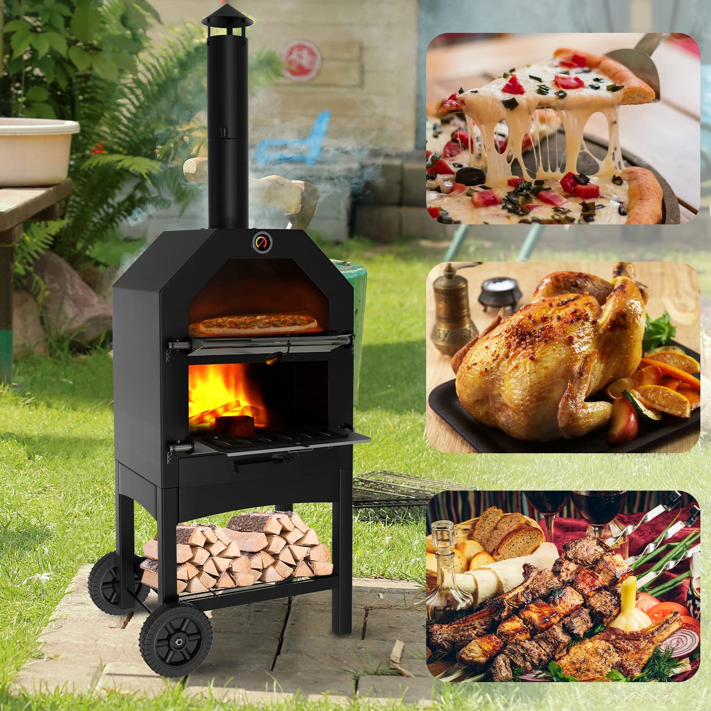 UDPATIO Outdoor Pizza Oven Wood Fired, Wood Pizza Ovens for Outside with Waterproof Cover, Pizza Stone, Peel, 2 Layer Steel, Freestanding Steel Oven with 2 Wheels for Kitchen BBQ Backyard Party