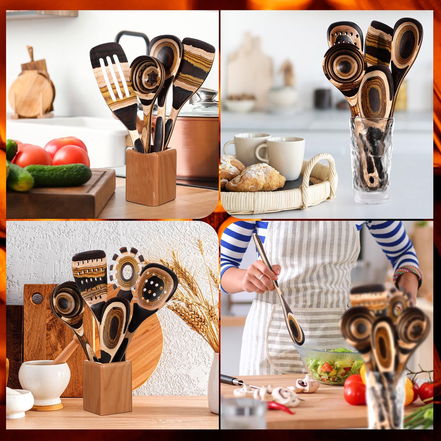 Teenyyou 9 Pcs Pakkawood Kitchen Utensils Pakkawood Soup Ladle Big Deep Soup Spoons Wood Non Stick Utensils with Long Handle for Serving Cooking Kitchen Apartment Tools Women Gifts (Mixed Style)