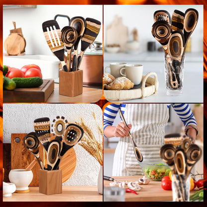 Teenyyou 9 Pcs Pakkawood Kitchen Utensils Pakkawood Soup Ladle Big Deep Soup Spoons Wood Non Stick Utensils with Long Handle for Serving Cooking Kitchen Apartment Tools Women Gifts (Mixed Style)