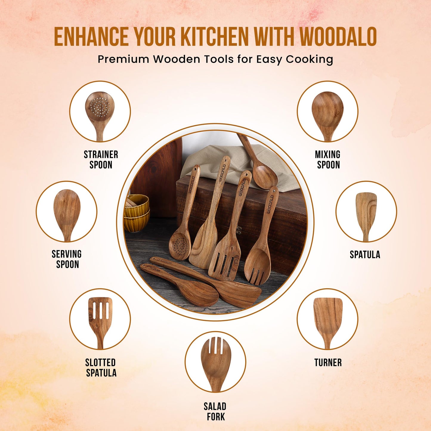 Woodalo Acacia Wooden Kitchen Utensil Set - 7 Pieces – Premium Handcrafted Cooking Spoons & Spatulas, Eco-Friendly, Nonstick Cookware Safe, Ergonomic Design, Ideal for Cooking & Serving