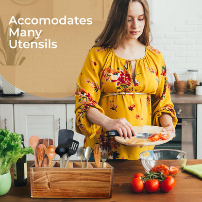 Dstuff Large Kitchen Utensil Holder Organizer for Counter or Countertop, Wooden Storage Container for Cooking and Silverware, Acacia Rustic Wood (4 Compartments)