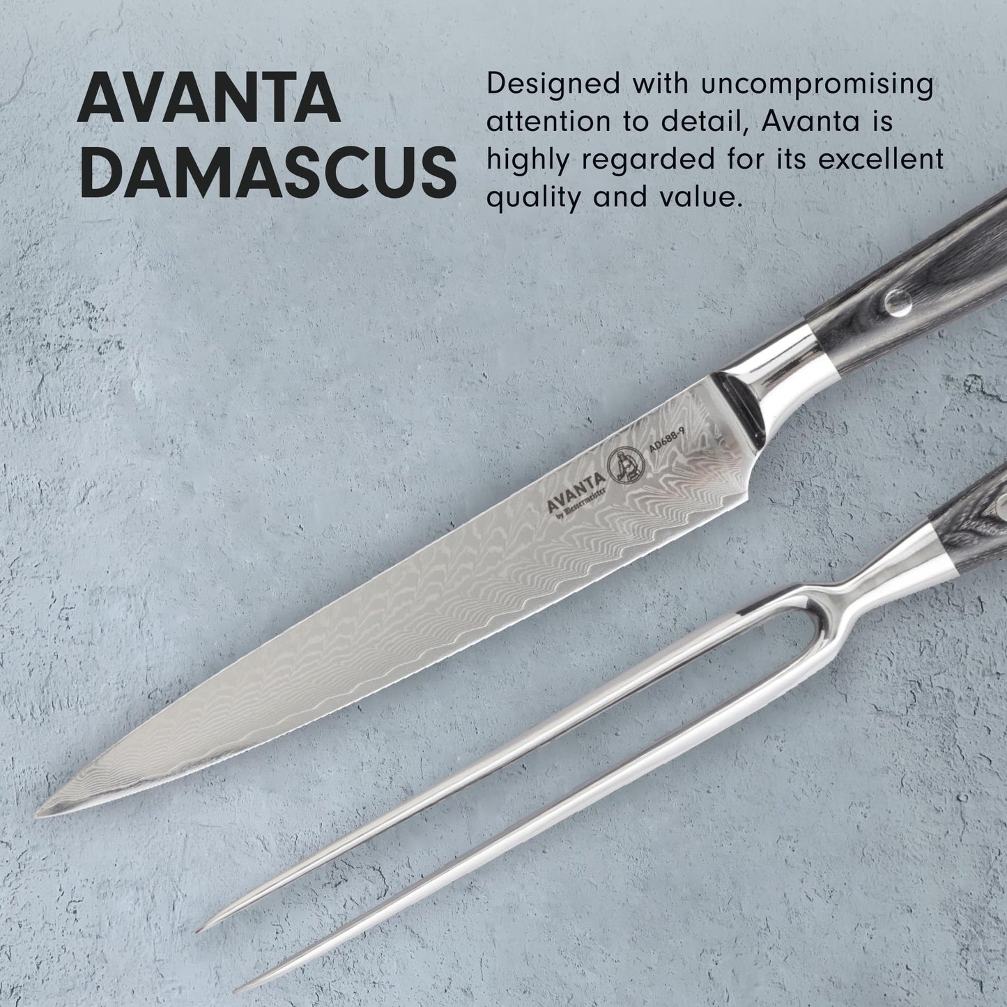 Messermeister Avanta Damascus Kullenschliff Carving Set - Includes 8” Carving & Slicing Knife + 7” Fork - Japanese Damascus Stainless Steel - Pakkawood Handle - Rust Resistant & Easy to Maintain