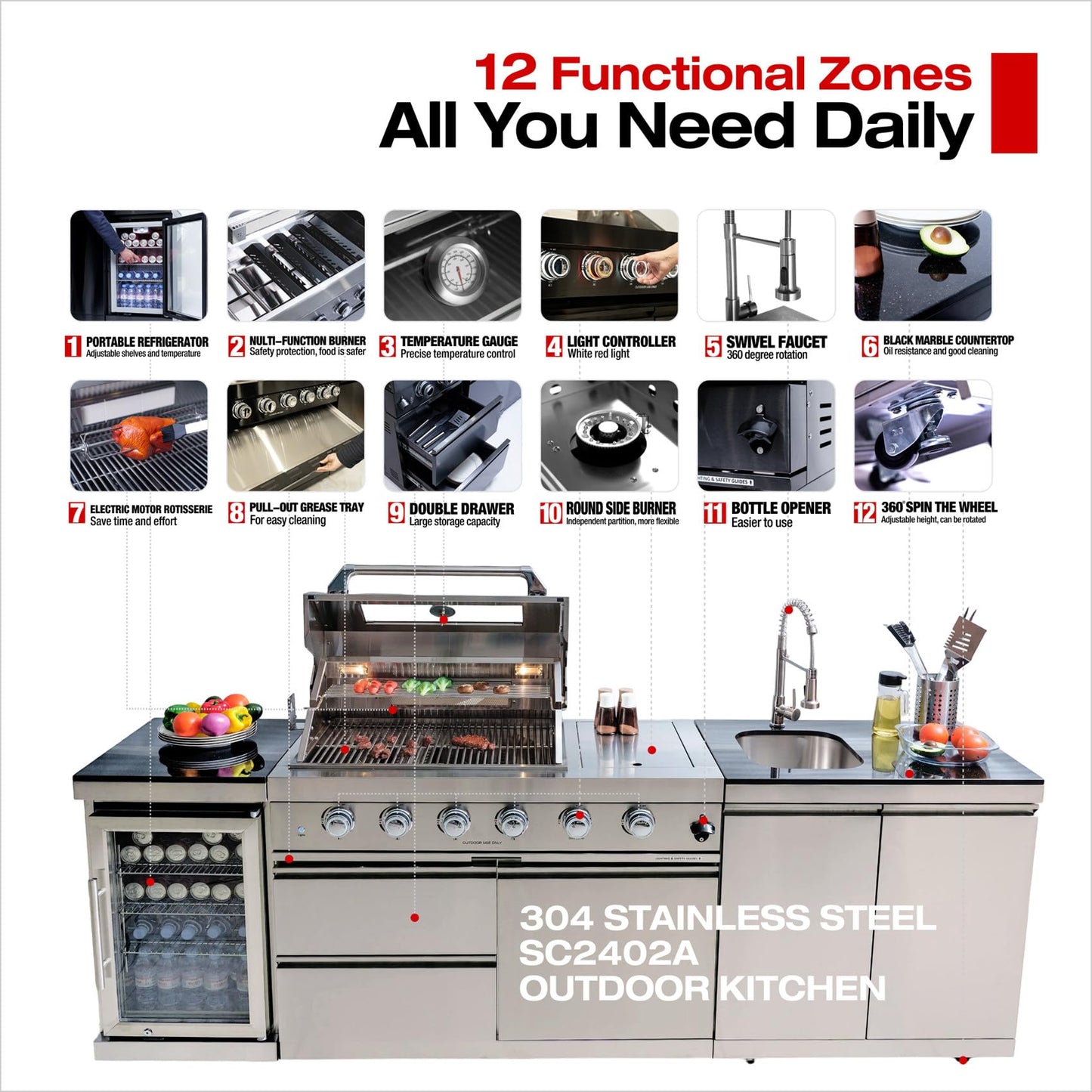 4 Burner Outdoor Kitchen Island with Grill and Side Burner, 72000 BTU Deluxe Stainless Steel Modular Outdoor Kitchen, Gas Propane BBQ Island with Refrigerator, 2 Doors Sink, Rotisserie, 104"W, Silver