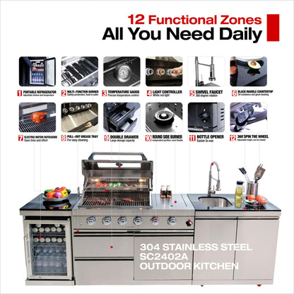 4 Burner Outdoor Kitchen Island with Grill and Side Burner, 72000 BTU Deluxe Stainless Steel Modular Outdoor Kitchen, Gas Propane BBQ Island with Refrigerator, 2 Doors Sink, Rotisserie, 104"W, Silver