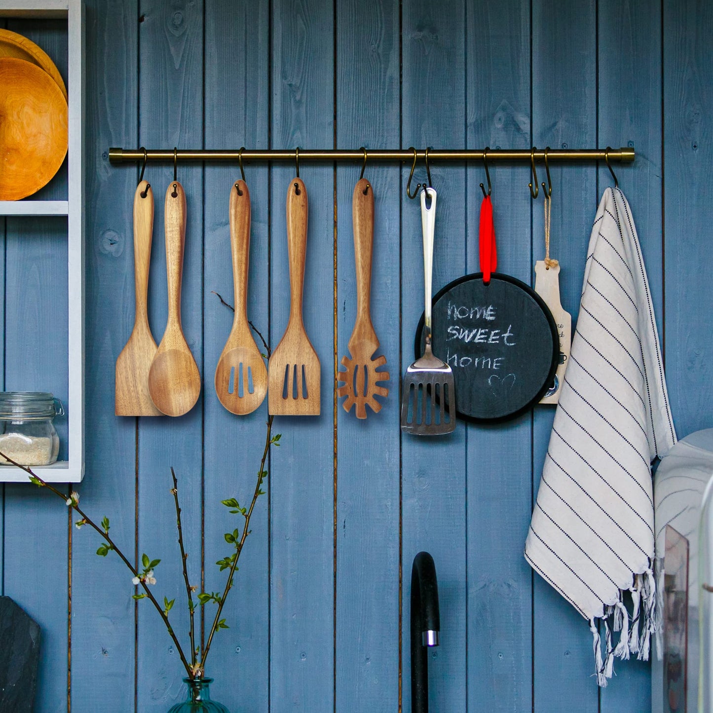 KITEISCAT Acacia Wooden Spoons for Cooking: 5-Piece Kitchen & Cooking Utensils Set - Wooden Spatula, Slotted & Pasta Spoon - Essential Wooden Utensil Set