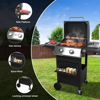 2 Burners Portable BBQ Gas Grill, 20000 BTU Small Camping Barbecue Propane Grills Outdoor Cooking, Built-in Thermometer Stainless Steel Barbeque Propane Grills for Patio/Backyard/Garden/Picnic