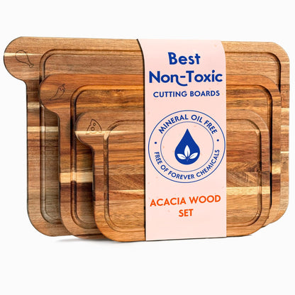Non Toxic Cutting Boards - Cutting Board Set Free of Mineral Oil, Made of FSC Acacia Wood - Cutting Boards for Kitchen - Includes 3 Chopping Boards. By Ziruma