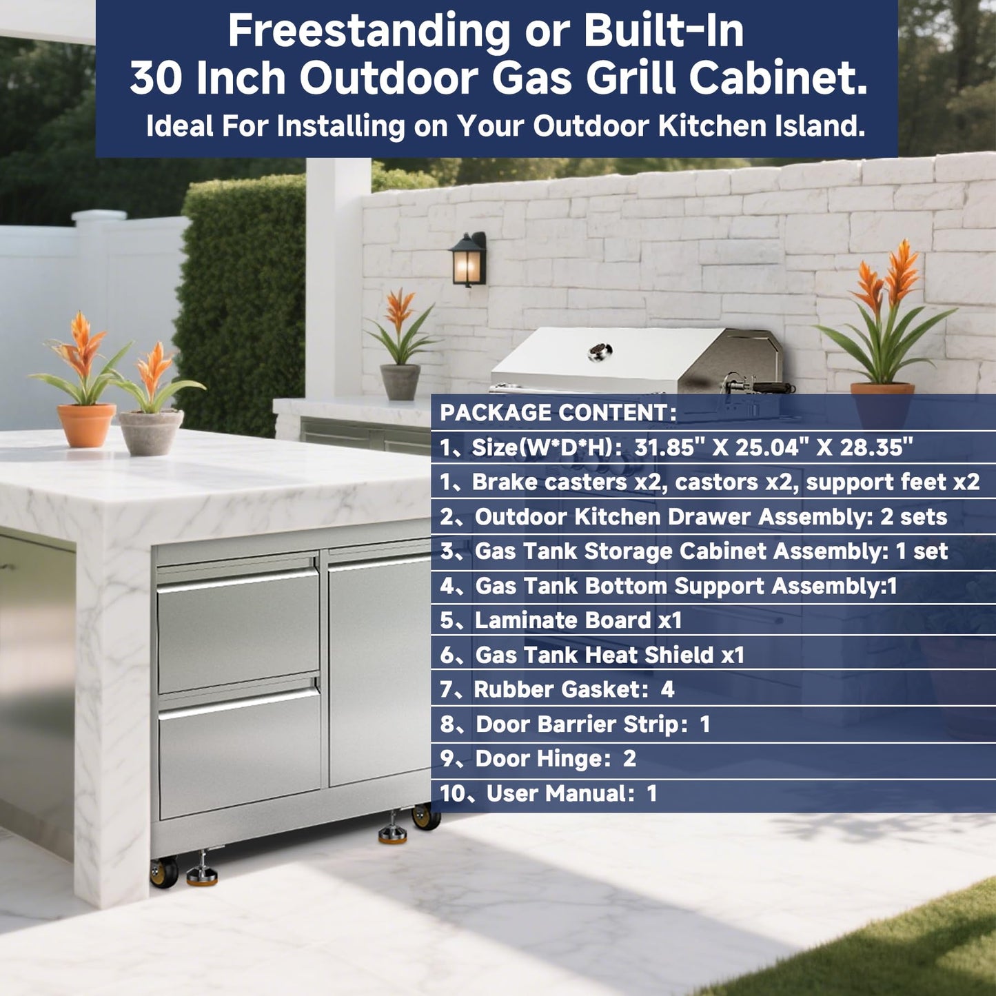 BODEGA Stainless Steel Outdoor Kitchen Drawer Cabinet for Built-in BBQ Grill with 2 Drawers and Propane Tank Storage,Outdoor kitchen storage perfect for Outdoor Kitchen BBQ Island.For all weather use.