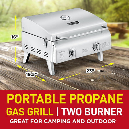 Lifemaster Portable Stainless Steel Gas Grill - 2 Burners Easy Clean Tabletop BBQ Propane Gas Grill with Foldable Legs and Wind Proof Lid for Camping and Outdoor - Silver