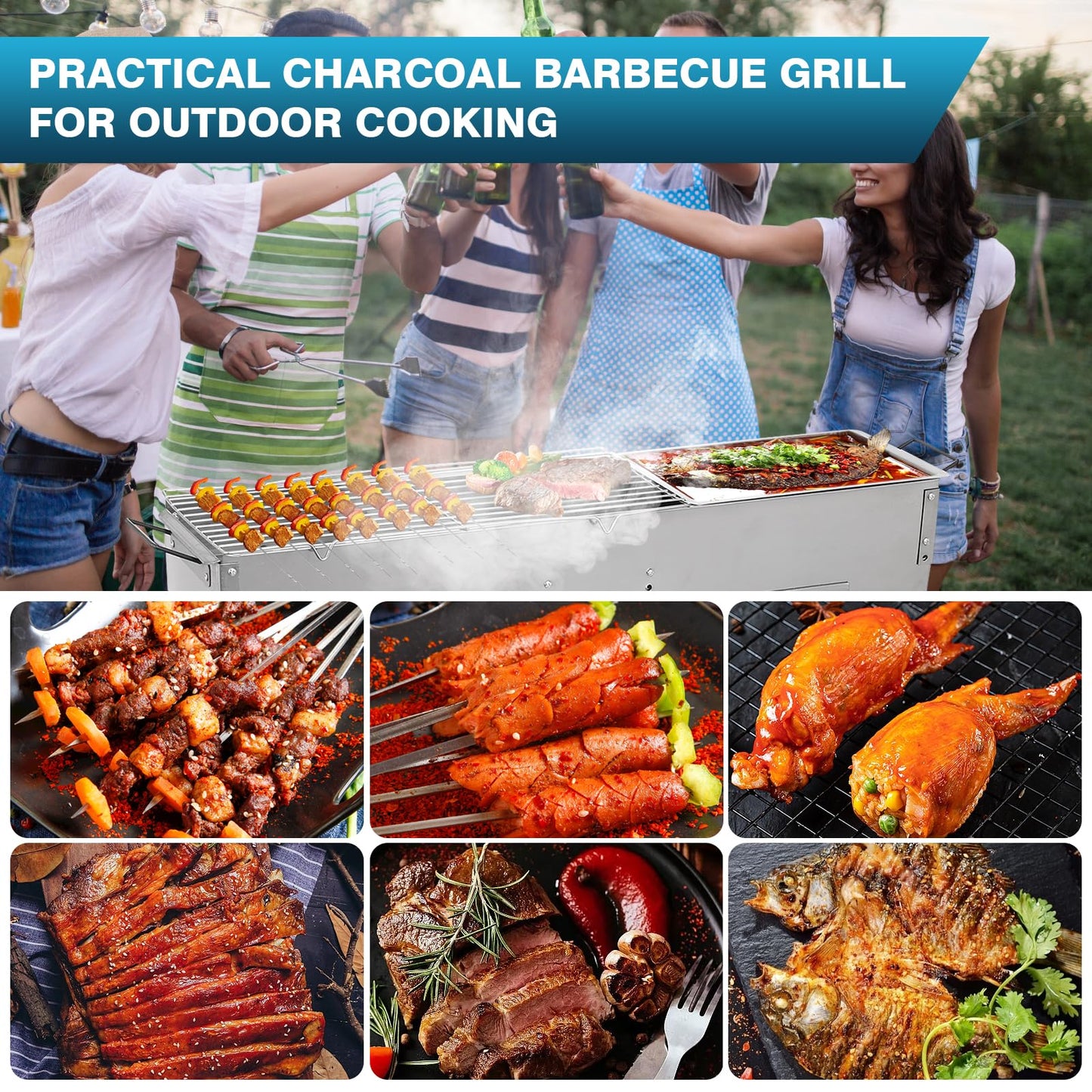IRONWALLS Portable Charcoal Grills, L 32” x W 8” x H 31” Stainless Steel Folding Yakitori Grill with 25PCS 15” Kebab Skewers for Backyard Barbecue Outdoor Cooking Camping Hiking Picnic