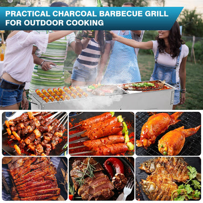 IRONWALLS Portable Charcoal Grills, L 32” x W 8” x H 31” Stainless Steel Folding Yakitori Grill with 25PCS 15” Kebab Skewers for Backyard Barbecue Outdoor Cooking Camping Hiking Picnic