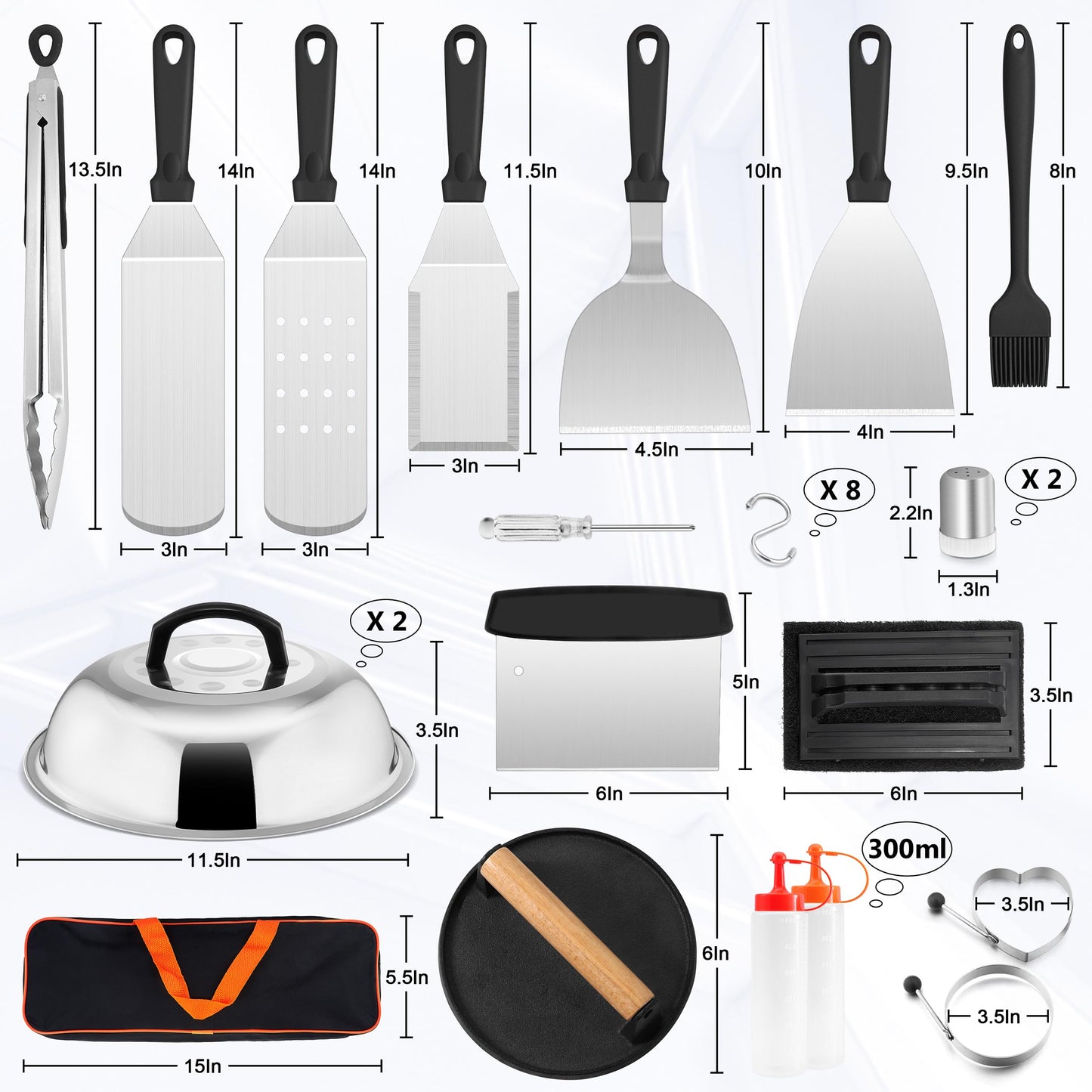 HaSteeL 28Pcs Griddle Accessories Kit, Stainless Steel Flat Top Grill Accessory Tools Set, Metal Spatulas, Scraper Choppers, Melting Domes, Cast Iron Burger Press, for Teppanyaki Tabletop Hibachi BBQ