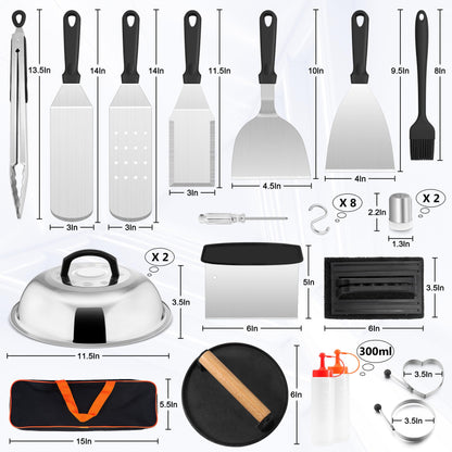 HaSteeL 28Pcs Griddle Accessories Kit, Stainless Steel Flat Top Grill Accessory Tools Set, Metal Spatulas, Scraper Choppers, Melting Domes, Cast Iron Burger Press, for Teppanyaki Tabletop Hibachi BBQ