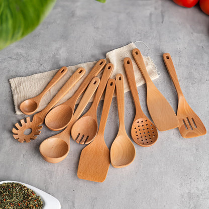 11 PCS WOSPONFAN Kitchen Utensils Set - Wooden Spoons for Cooking, Natural Beech Wood Wooden Utensils - Includes Wooden Spoons, Spatula Set, Slotted Spoon - Handmade Wooden Spoon Set
