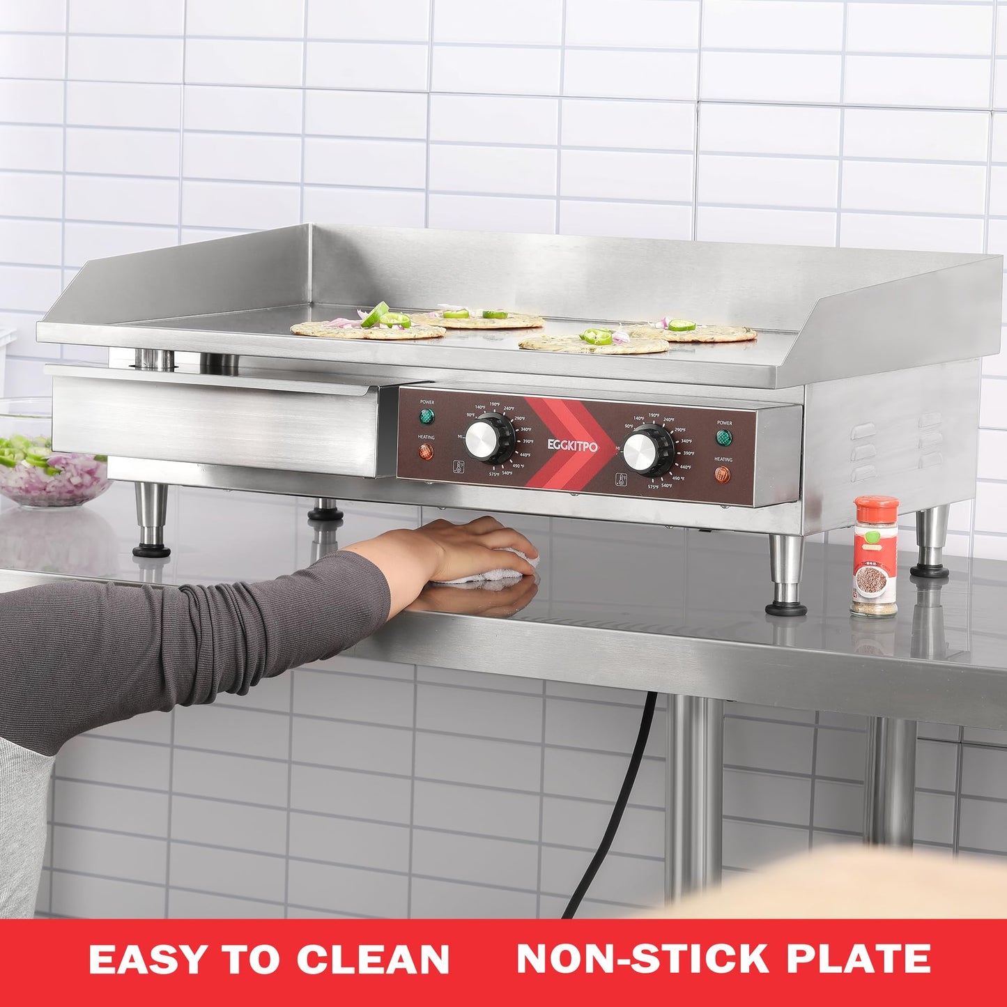 EGGKITPO Commercial Electric Griddle 29 Inch Large Countertop Griddle Non-Stick Flat Top Grill Stainless Steel Teppanyaki Griddle with Adjustable Temperature 90℉-575℉ for Restaurant Use 240V 3500W