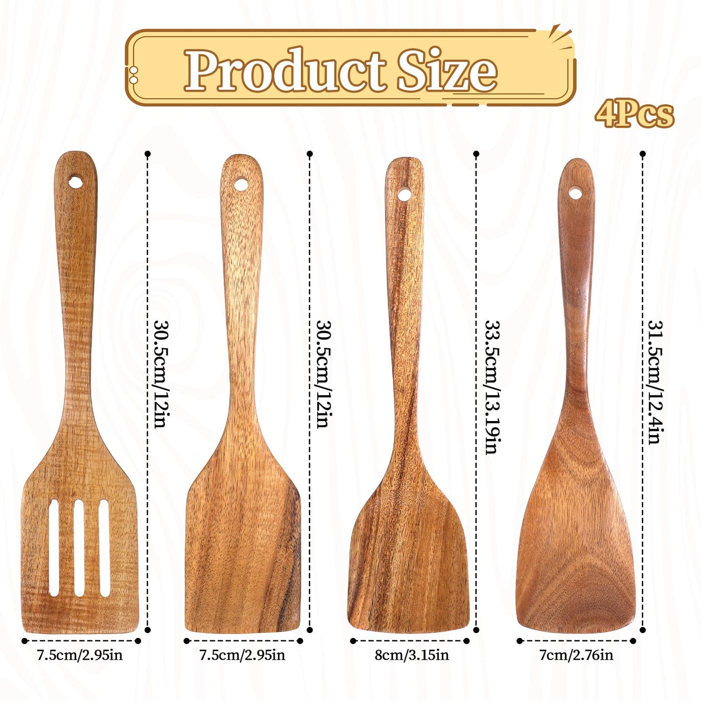 Wood Spatula for Cooking, 4 Pcs Natural Acacia Wood Kitchen Cooking Utensils Set for Nonstick Frying Pan, Slotted Turner Thin Flat Spurtle Scraper Spoons for Baking Mixing Scraping Fish Egg Flipper