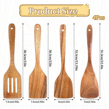 Wood Spatula for Cooking, 4 Pcs Natural Acacia Wood Kitchen Cooking Utensils Set for Nonstick Frying Pan, Slotted Turner Thin Flat Spurtle Scraper Spoons for Baking Mixing Scraping Fish Egg Flipper