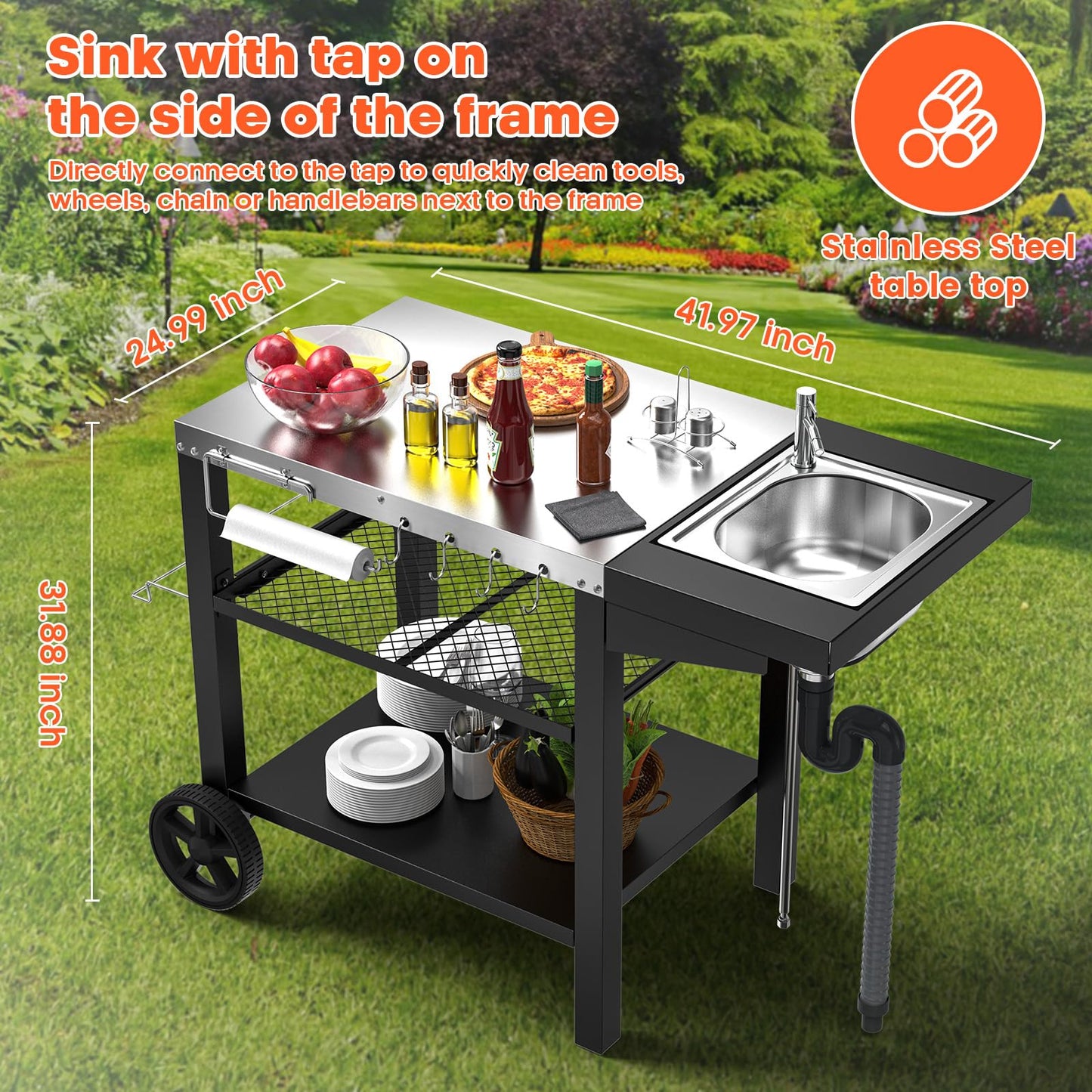Outdoor Grill Table with Sink, Pizza Oven Cart with Drawer & Wheels, Movable 3 Shelf Food Prep Table for Ninja Woodfire, Blackstone Griddle Stand, Ooni Pizza Oven, Cuisinart, Cooking Station