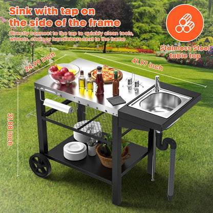 Outdoor Grill Table with Sink, Pizza Oven Cart with Drawer & Wheels, Movable 3 Shelf Food Prep Table for Ninja Woodfire, Blackstone Griddle Stand, Ooni Pizza Oven, Cuisinart, Cooking Station