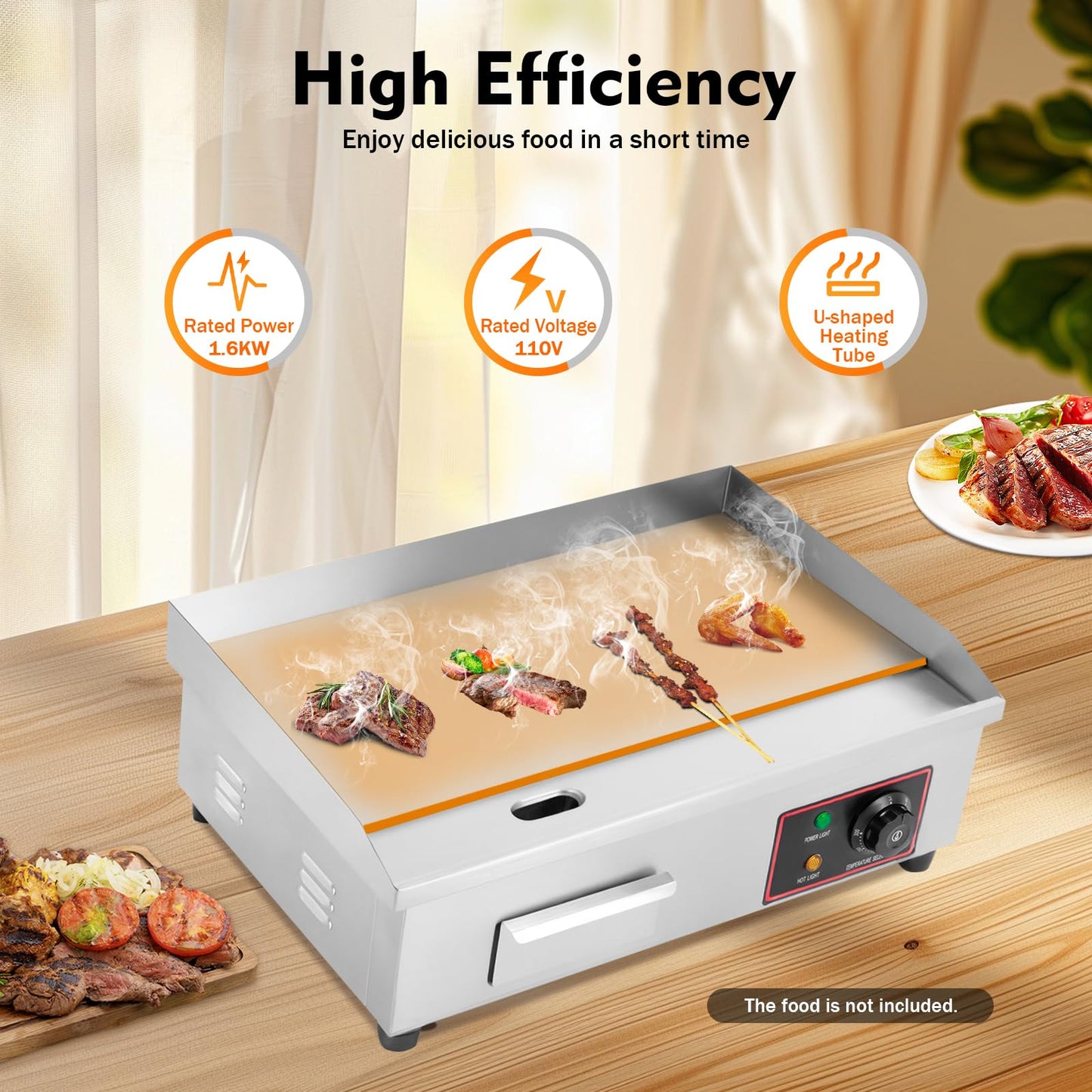 22" Commercial Electric Griddle, 1600W 110V Countertop Flat Top Grill, Stainless Steel Non-stick Teppanyaki Grill, 122-572°F Adjustable Temp Control for Restaurant Kitchens Hotel