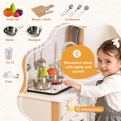 PHGLL Play Kitchen for Kids Wooden Kitchen Toy Playset w/Light and Clicking Knobs, Chef Pretend Play Set w/Microwave, Oven, Coffee Machine, Ice Maker, Telephone, Toy Kitchen Set for Toddlers (White)