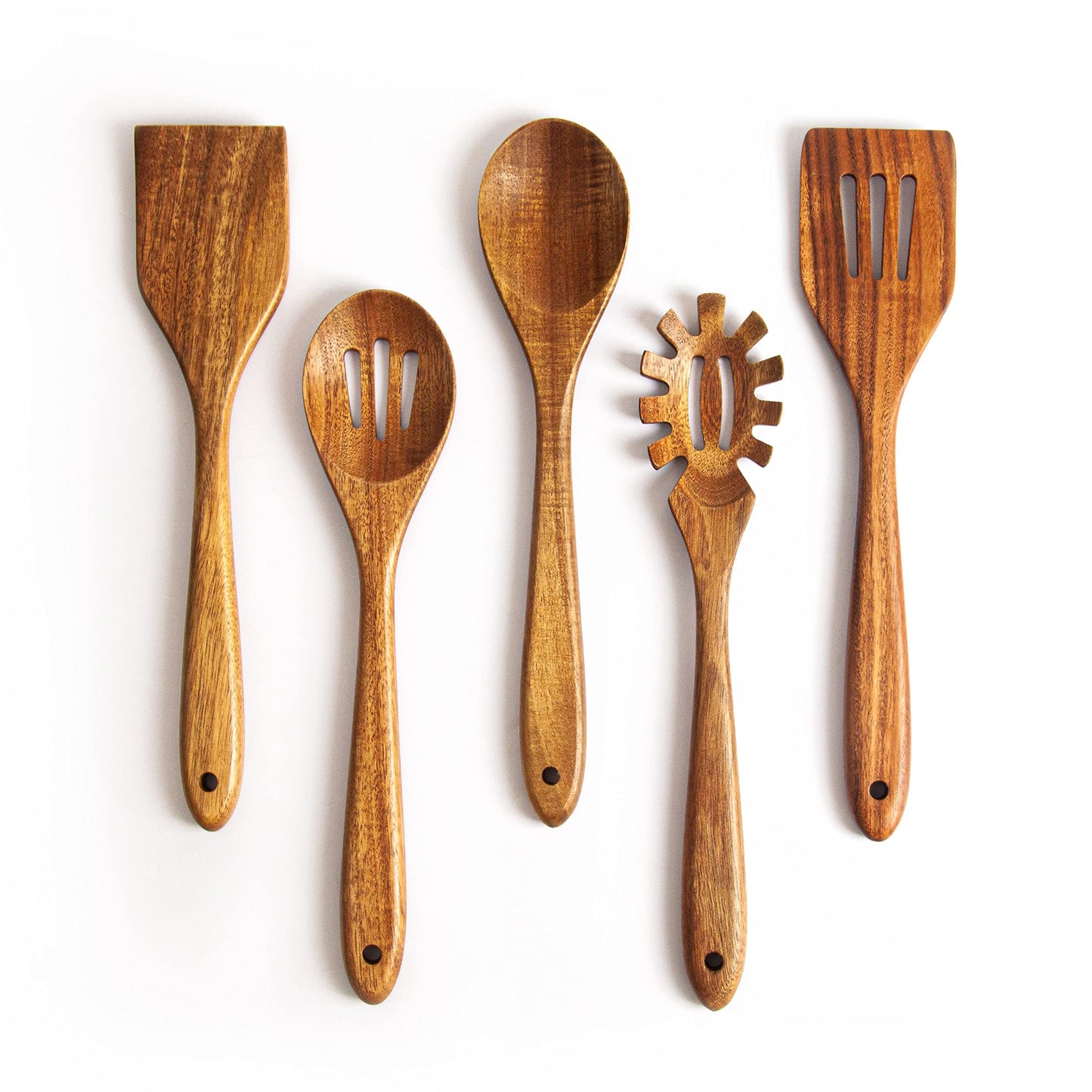 KITEISCAT Acacia Wooden Spoons for Cooking: 5-Piece Kitchen & Cooking Utensils Set - Wooden Spatula, Slotted & Pasta Spoon - Essential Wooden Utensil Set