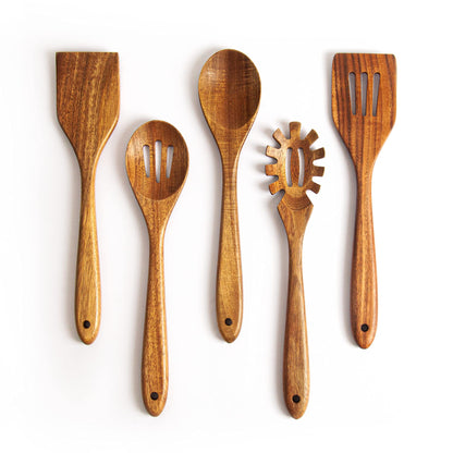 KITEISCAT Acacia Wooden Spoons for Cooking: 5-Piece Kitchen & Cooking Utensils Set - Wooden Spatula, Slotted & Pasta Spoon - Essential Wooden Utensil Set