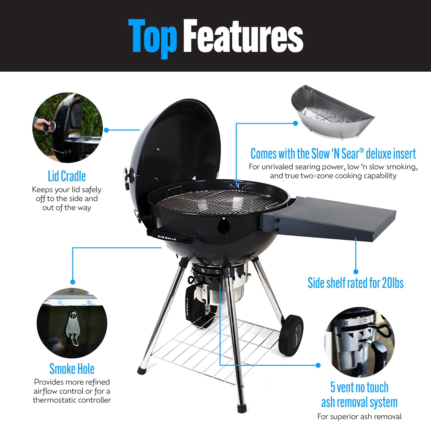 SnS Grills Original Kettle Charcoal Grill with Patented Slow 'N Sear Deluxe Insert and EasySpin Grate for Two-Zone Cooking, Low ‘N Slow Smoking and BBQing - Black 22-Inch