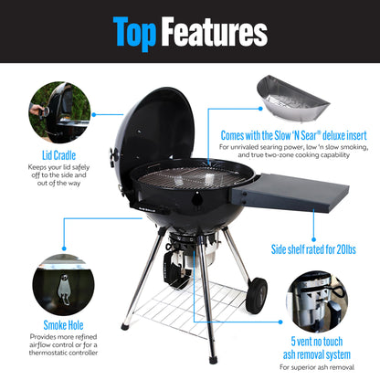 SnS Grills Original Kettle Charcoal Grill with Patented Slow 'N Sear Deluxe Insert and EasySpin Grate for Two-Zone Cooking, Low ‘N Slow Smoking and BBQing - Black 22-Inch