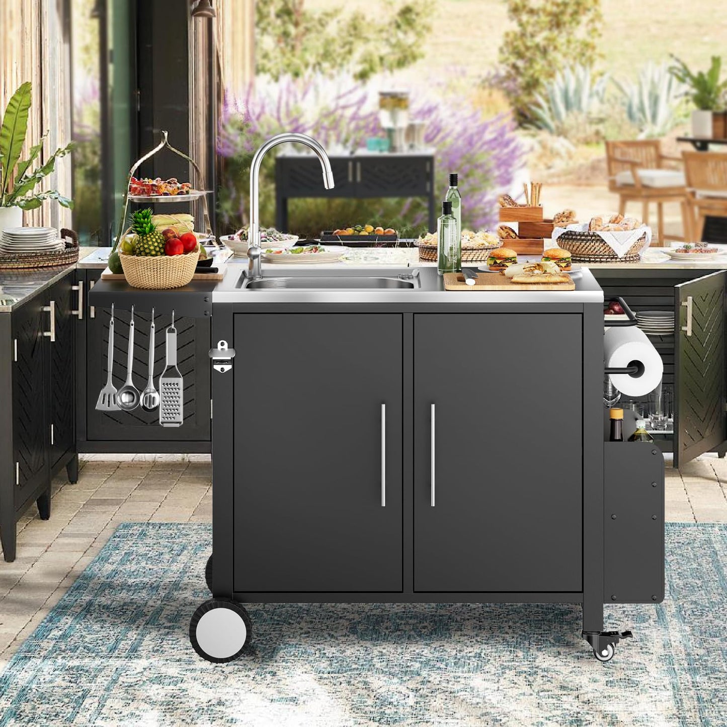 ROOMTEC Outdoor Grill Cart with Stainless Steel Sink, Rolling Metal Prep Table & Storage Cabinet, BBQ Kitchen Island for Patio or Garden