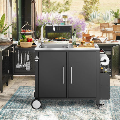 ROOMTEC Outdoor Grill Cart with Stainless Steel Sink, Rolling Metal Prep Table & Storage Cabinet, BBQ Kitchen Island for Patio or Garden