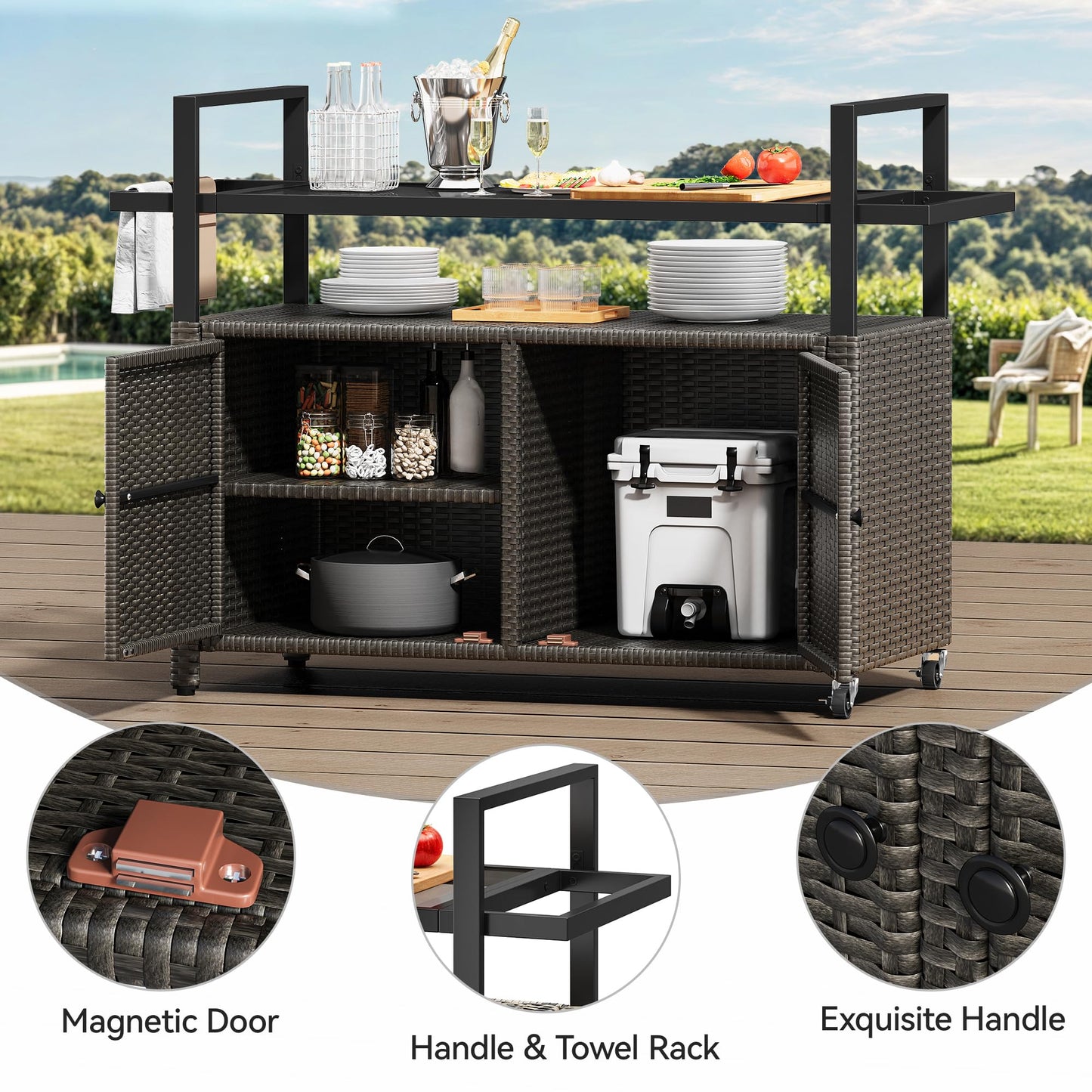 YITAHOME XL Outdoor Storage Cabinet, Outdoor Storage Cart with Wheels and Black Glass Table Top for Patio, Outdoor Cabinet for Poolside and Backyard (Dark Brown)