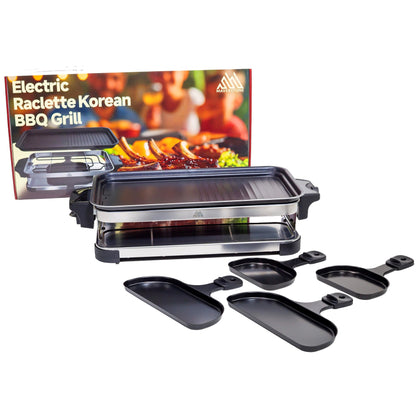 Maverstone Raclette Grill – Smokeless Indoor Electric Table Top Griddle with 1600W Fast Heating Dual-Zone Cooking - Stainless Steel - Easy Clean Nonstick Surface